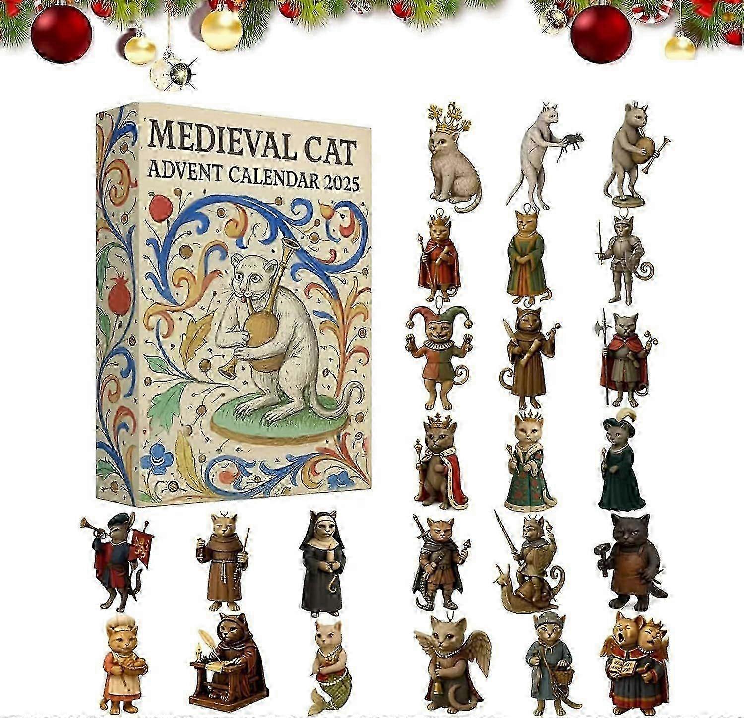Medieval Cat Advent Calendar 2025, 24 Day Christmas Countdown Calendar, 2D Acrylic Cat Christmas Tree Decoration Advent Calendars with 24 Differ