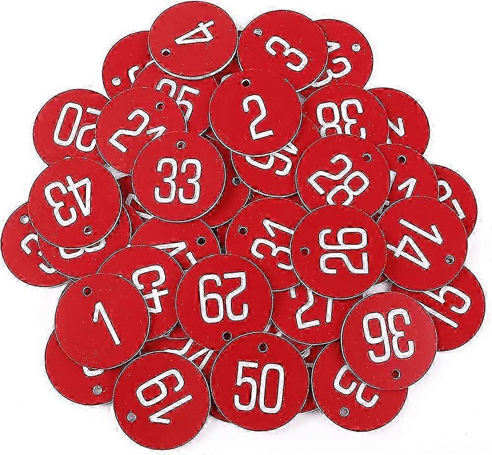 50pcs Red Engraved Locker Tags for Restaurant, Pub - Custom Numbers 1-50 (No Rings)