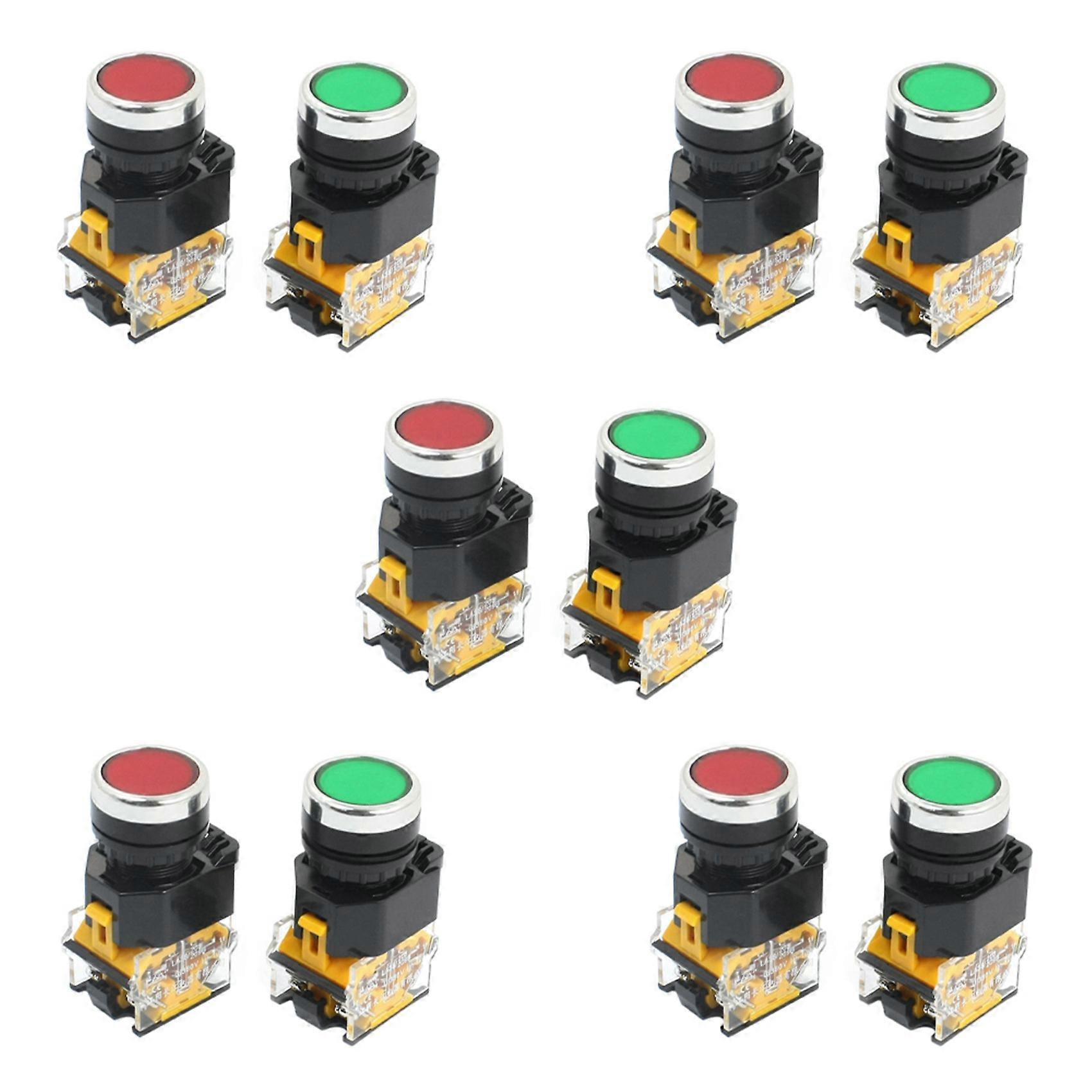 10Pcs 22mm Mount 10A 380V DPST Red Green Momentary Push Button Switch