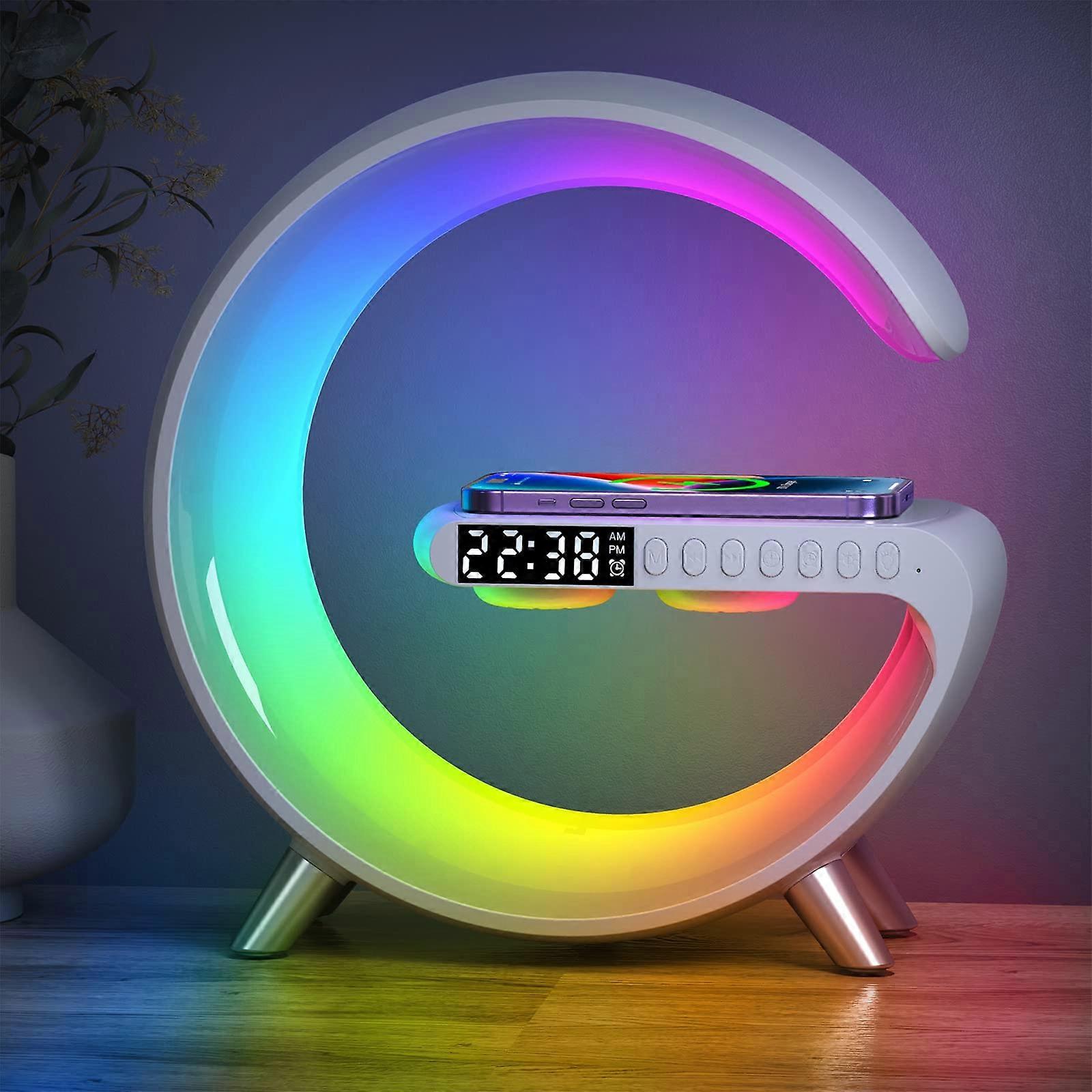 Bluetooth Speaker Lamp with Wireless Charger, RGB Mood Light, Alarm Clock, Smart App Control  White