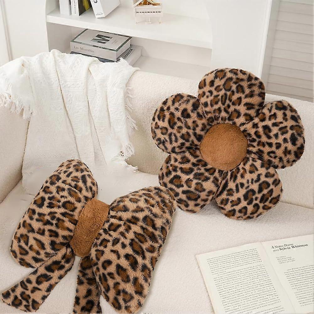 Leopard Print Bow and Flower Throw Pillows Plush Decorative Cushions for Sofa Bed Home Car Brown 2 Pack