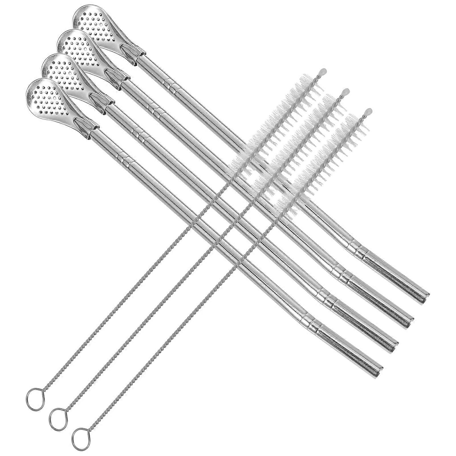 Silver Stainless Steel Straw Set for Drinking 4Sets with Stirring Spoon