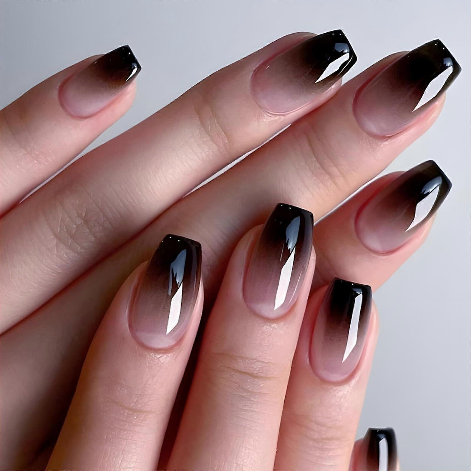 Black Ombre Coffin Press On Nails Medium Acrylic False Nails Reusable Glossy Nude Gradient Set 24pcs