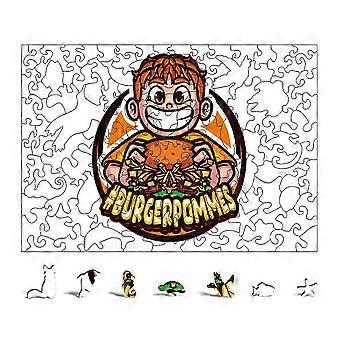 Small Wooden Jigsaw Puzzle #BURGERPOMMES Burger Boy Cartoon Fun Horizontal Puzzle for Kids & Families 25-26