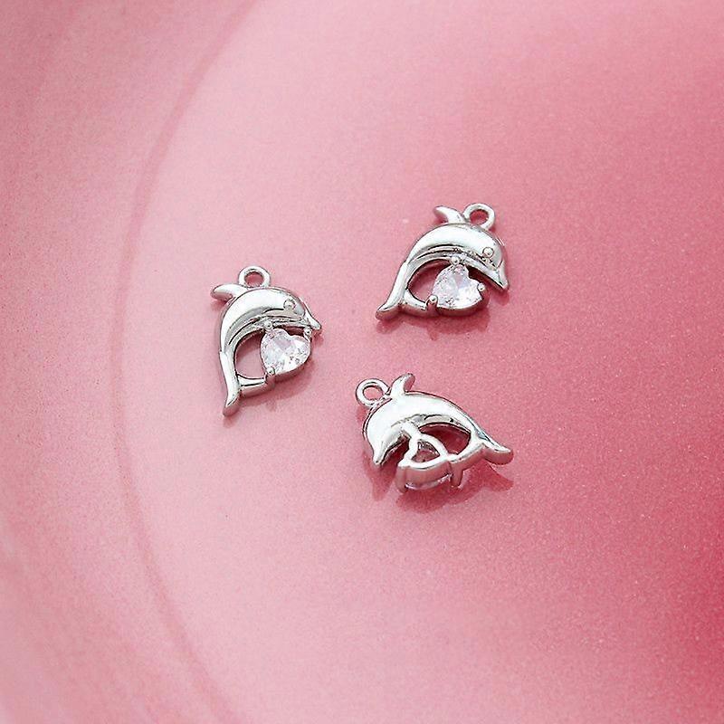 Brass Rhinestone Pendants Platinum Dolphin 13x12mm