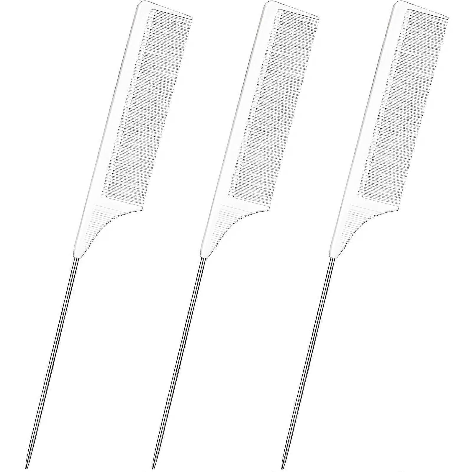 White Rat Tail Comb Set with Steel Pins, Precision Parting and Teasing, 3 Pack Professional