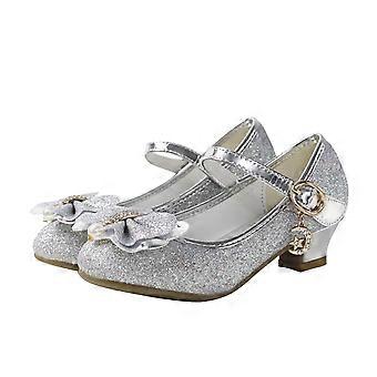 Mädchenschuhe, Mary Jane, Blumenmädchenschuhe, süße Prinzessinnenschuhe mit niedrigem Absatz für Schule, Hochzeit, Party, Silber, 4,5-5,5 Jahre