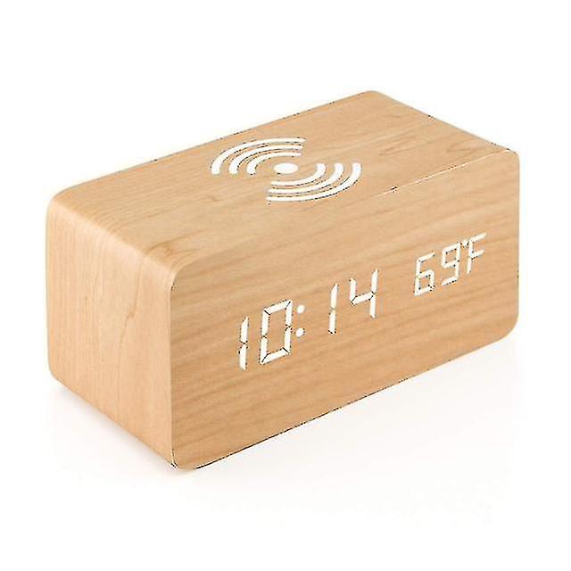 Wooden Digital Alarm Clock With Wireless Charging,adjustable Brightness Dimmer And Alarm Volume(bamboo)