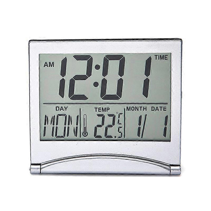 Silver Digital Alarm Clock Desktop Temperature Lcd Display