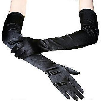Damen Lange Handschuhe Dehnbar Ellbogenlänge 21 Opera Party Satin/Leder Handschuh Schwarz-Baumwolle -