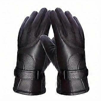 1 Pair Winter Cycling Leather Motorcycle Cotton Gloves Black Thick Velvet Cold Resistant And Windproof Cycling Cotton Gloves