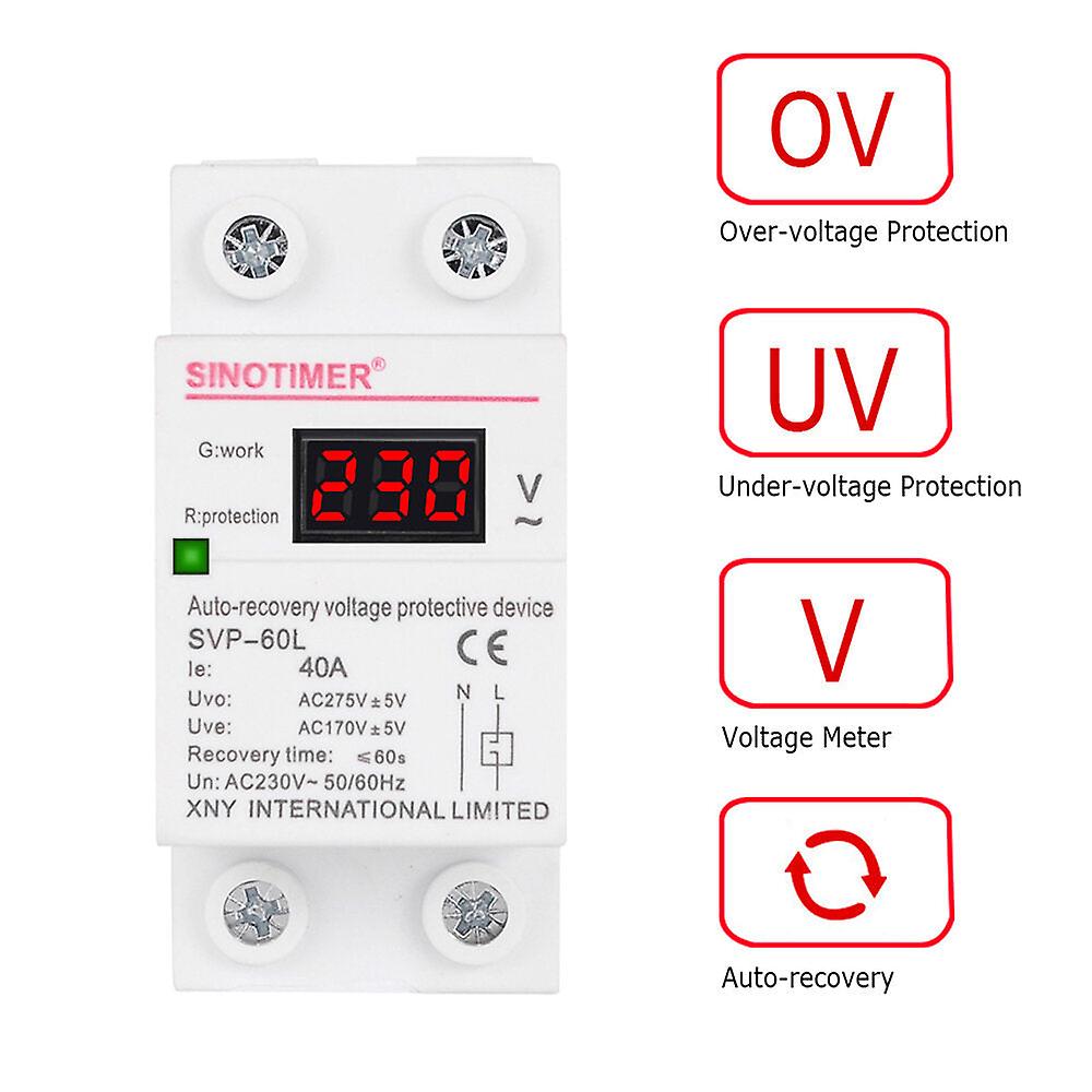 Digital Din Rail Automatic Recovery Over Under Voltage Protector With Voltmeter Display,230v Ac 40a