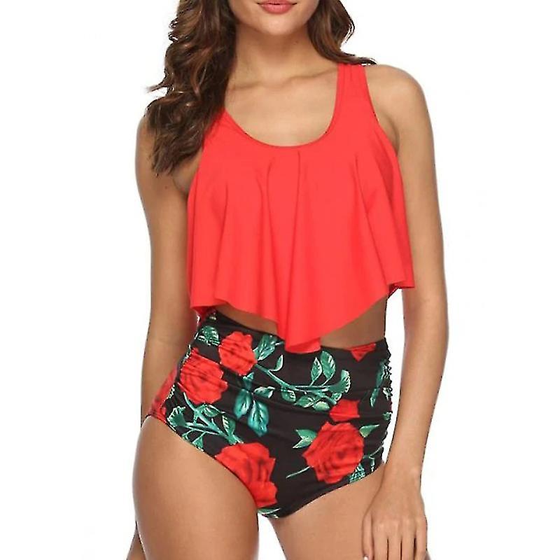 Swimwear Ruffles Women Swimsuits Two Piece Sets Printed Beachwear High Waist Bikini Set E