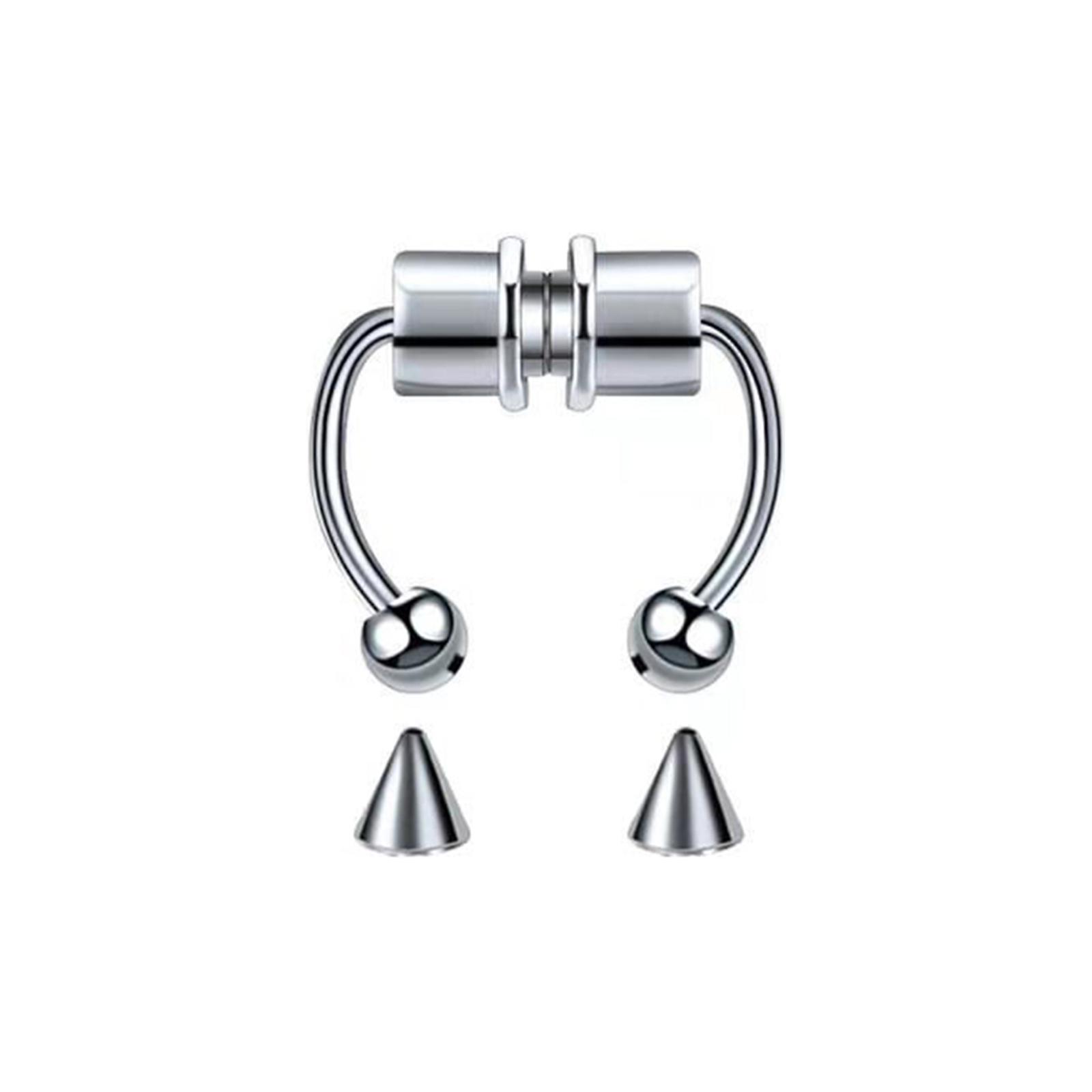 QWALIT Fake Septum Ring Set - Clip-On & Horseshoe Non-Piercing Nose Jewelry (Silver & Black)