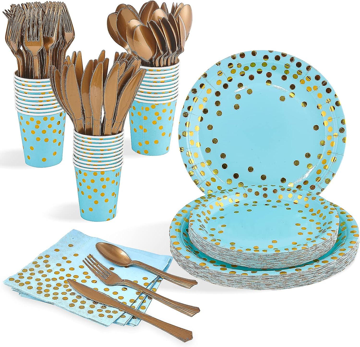 210 κομμάτι Golden Dot μίας χρήσης σερβίτσια κόμμα Σετ 30 Guest - μαύρα πιάτα χαρτιού Κύπελλα χαρτοπετσετών, χρυσά πλαστικά πιρούνια μαχαίρια κουτάλια, focusline μαύρο και πηγαίνετε