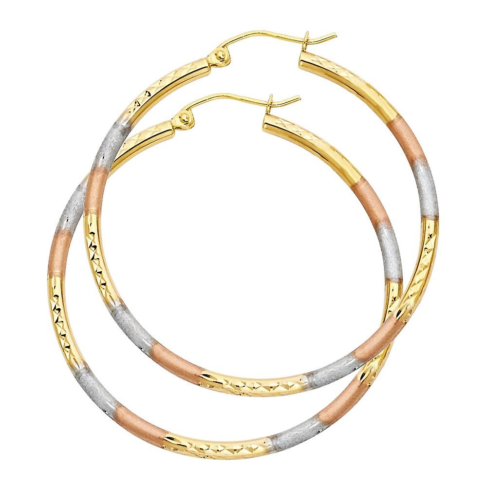 14k Yellow Gold White Gold and Rose Gold 2mm Round Tube Sparkle Cut-Round Hoop 40mm Earrings-Hoop Earring for Women