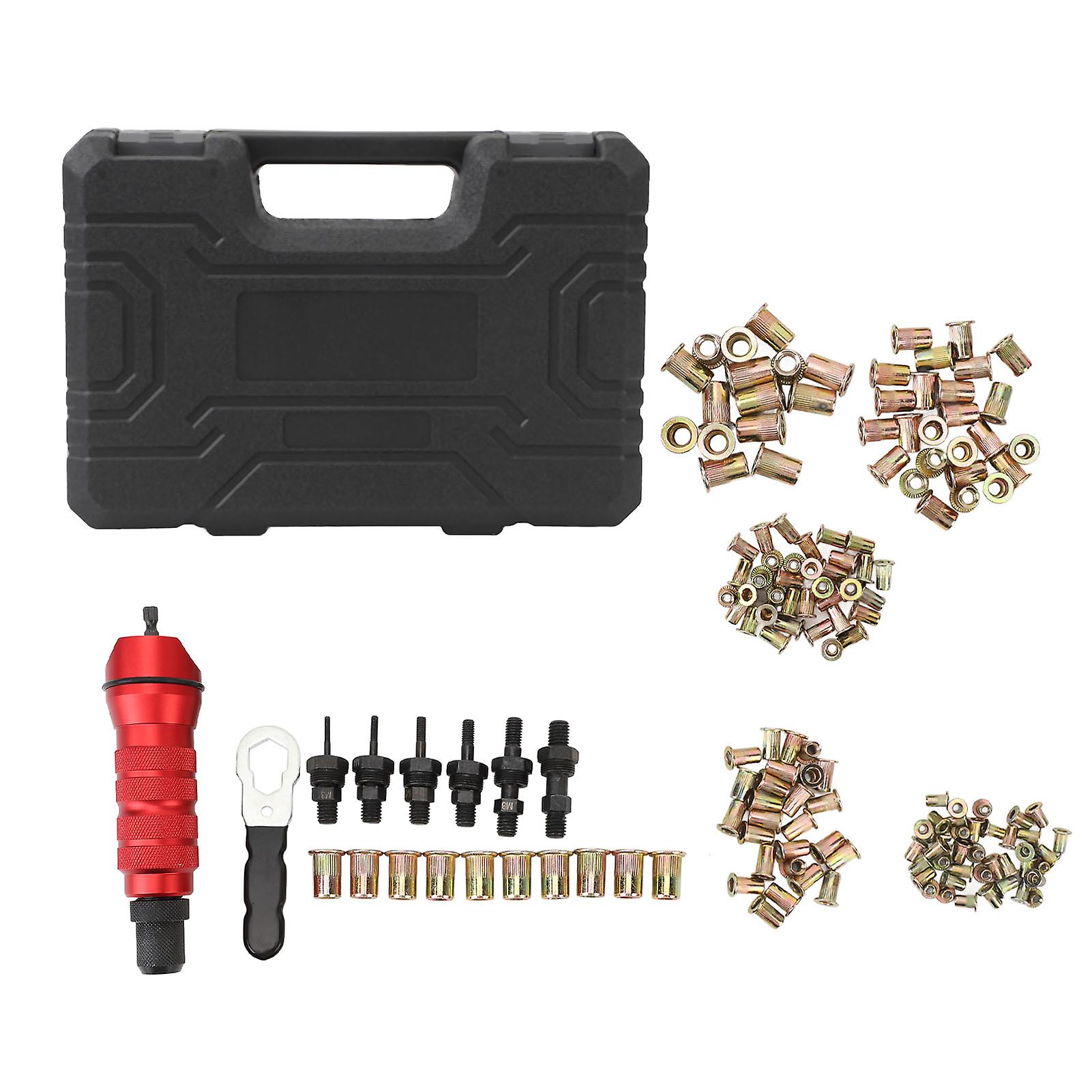 Rivet Nut Drill Adapter Kit Electric Rivet Nut Drill Adapter Kit 2.4mm to 6.4mm 6 Interchangeable Rivet Heads 150 Nuts Heavy Duty Carrying Case