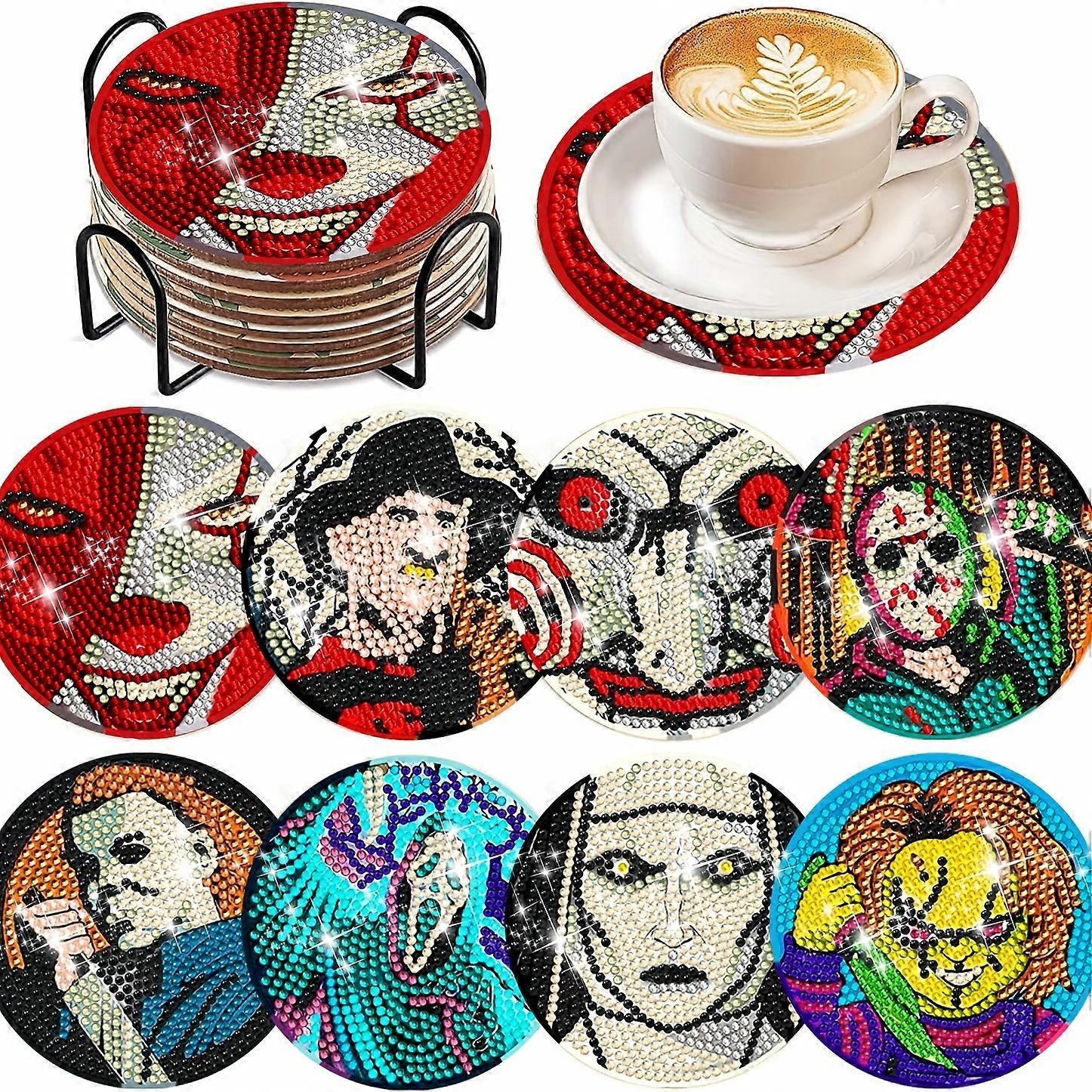 きらびやかなダイヤモンドアートペインティングコースターセット(8個入り) - 大人と初心者のためのDIYホームデコレーションキット、きらめくクリエイティブブラケット、耐久性のあるアートクラフト用品
