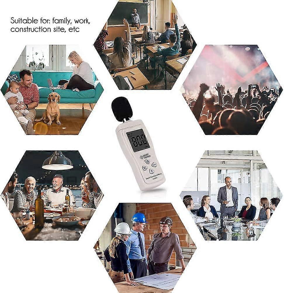 digital lydnivå meter, digital desibel tester, 30-130dba, min / maks data, lavt batteri, bakgrunnsbelyst LCD-skjerm, automatisk avstenging