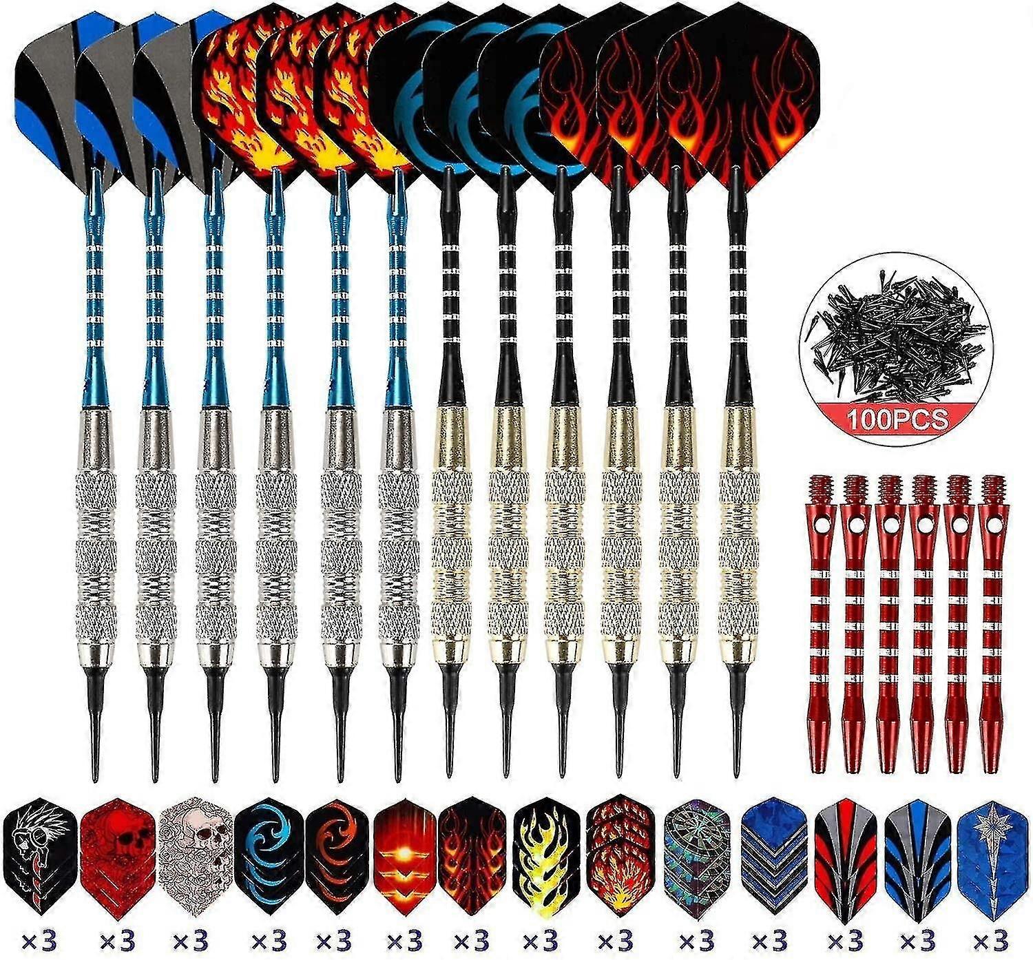 Plastic Tip Dart, 12 Darts With Extra 6 Aluminum Shafts + 42 Flights + 100 Tips