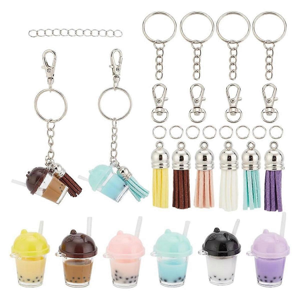 62Pcs Cup Keychain Making Kit, Including 6 Colors Bear Mini Cup Charms 3D Resin Bubble Tea Pendants