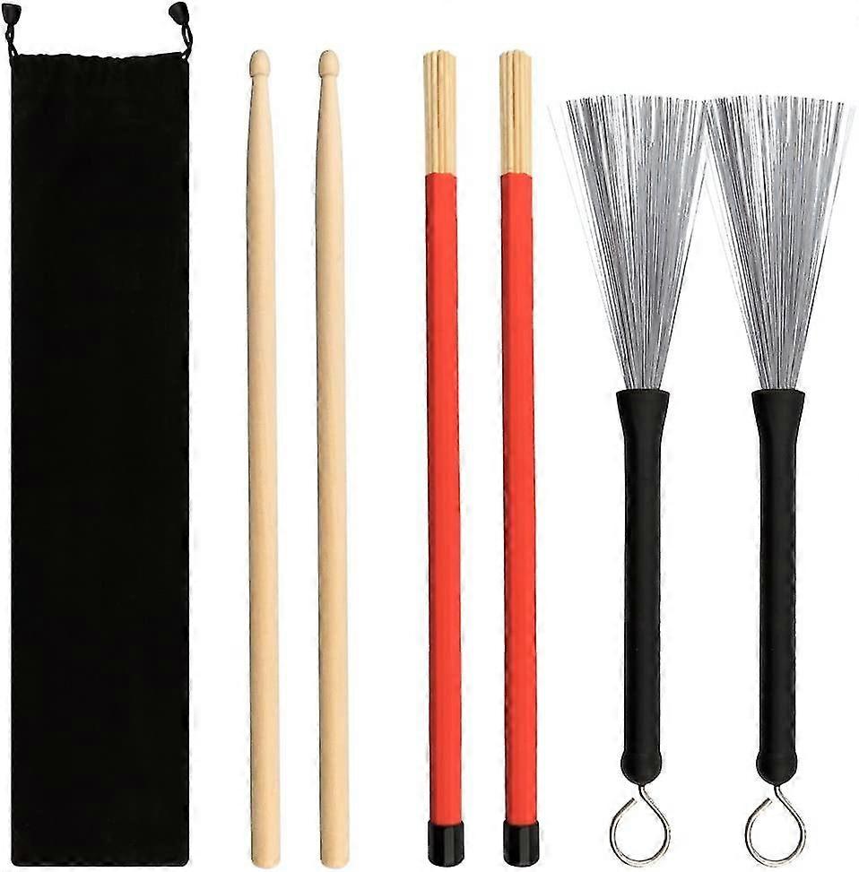 Set Of 6 Wands For Battery 5 A Drum Sticks In Maple Wood And Bamboo Cran Brush Funk With A Velvet Bag