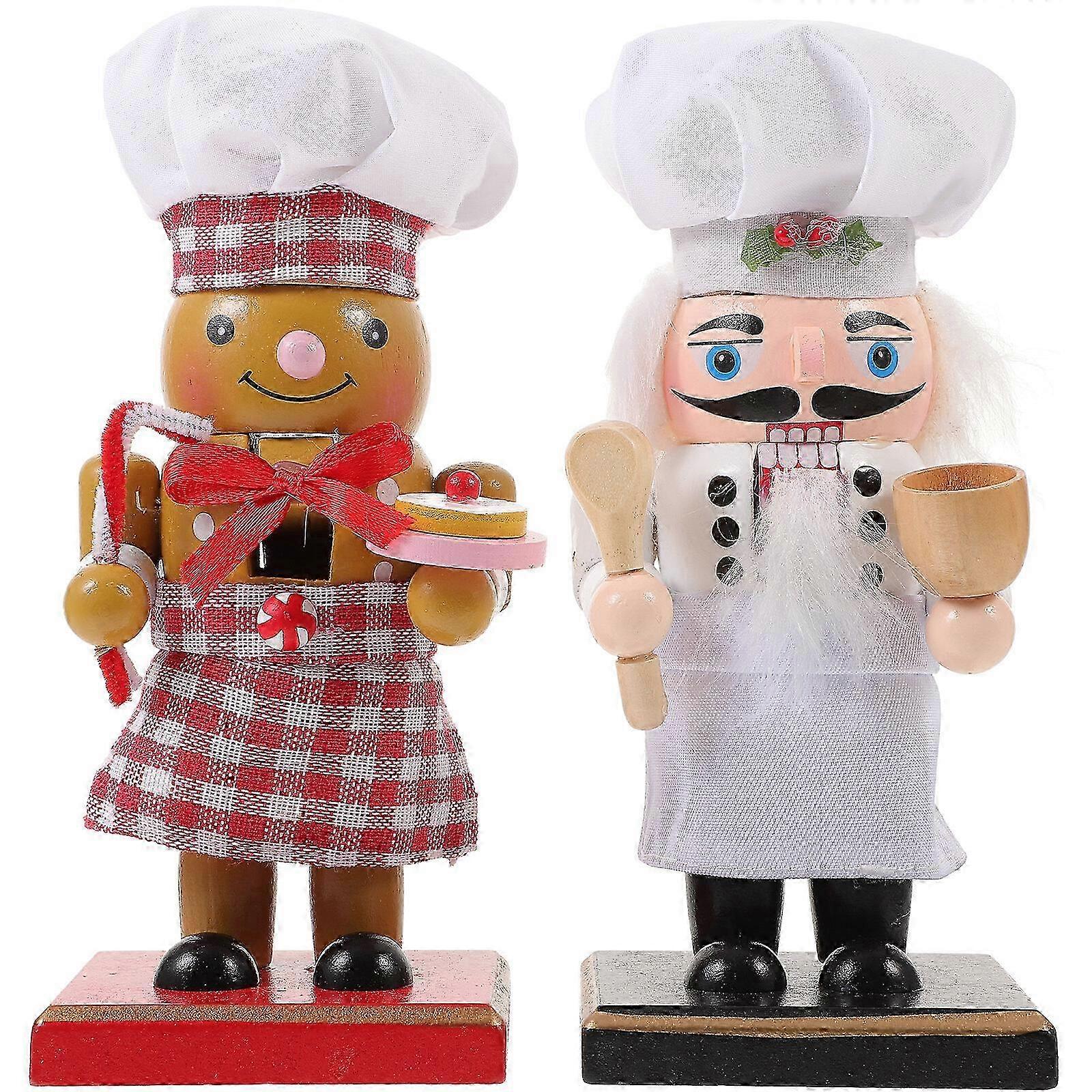 2pcs Chef Nutcracker Cute Wooden Chef Nutcracker Figure Christmas Wood Puppet Ornament
