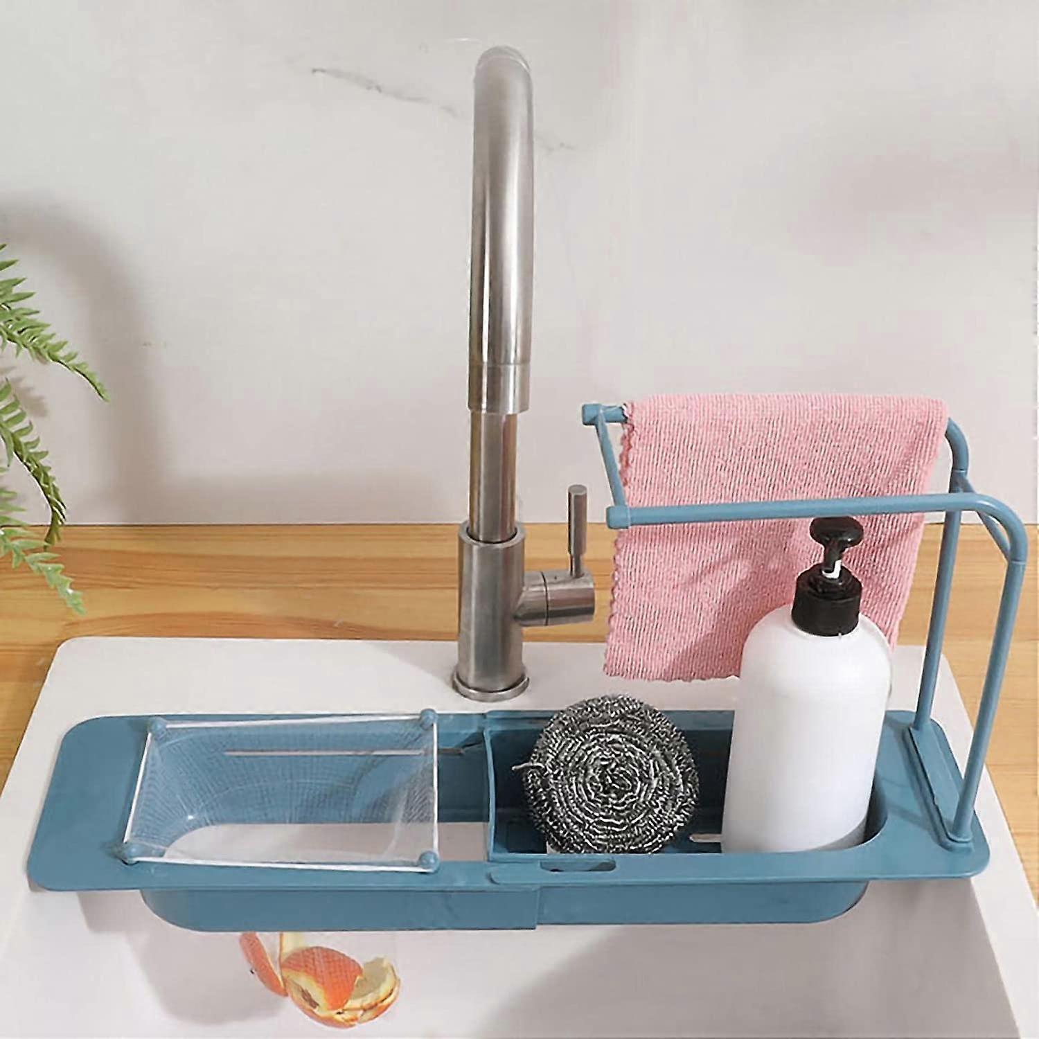 Mikcrosco Telescopic Sink Storage Rack Holder for Home Kitchen Adjustable 2-in-1 Sink Organizer Expandable Sink Basket Sink Drain Rack Sink Tray Spong