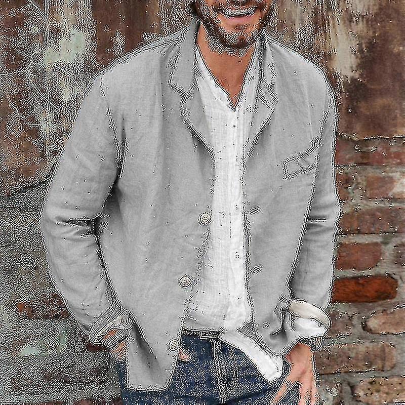 Mens Cotton Linen Casual Suit Coat Lapel Button-Down Jacket