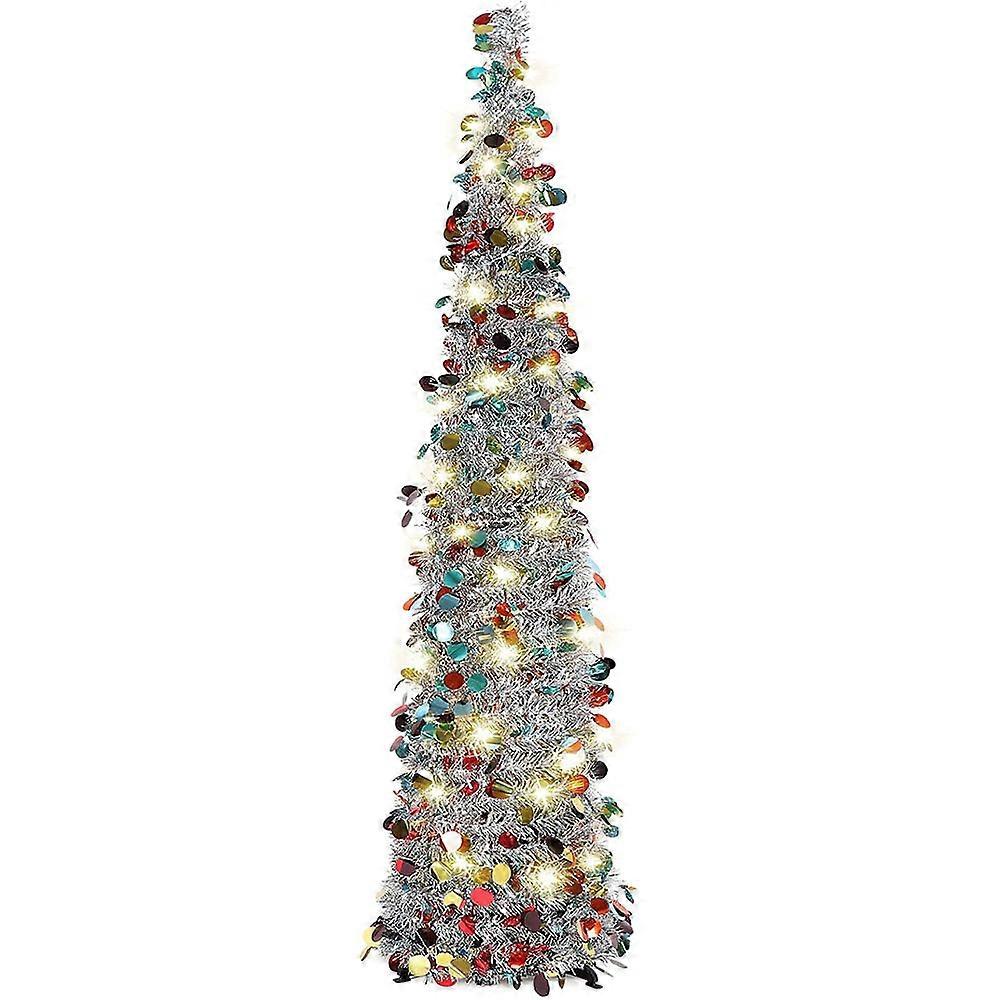 Pop Up Christmas Tinsel Tree with Lights - Collapsible Colorful Glitter Artificial Christmas Pencil Tree Decorations for Home, Party, Indoor, Outdoor,
