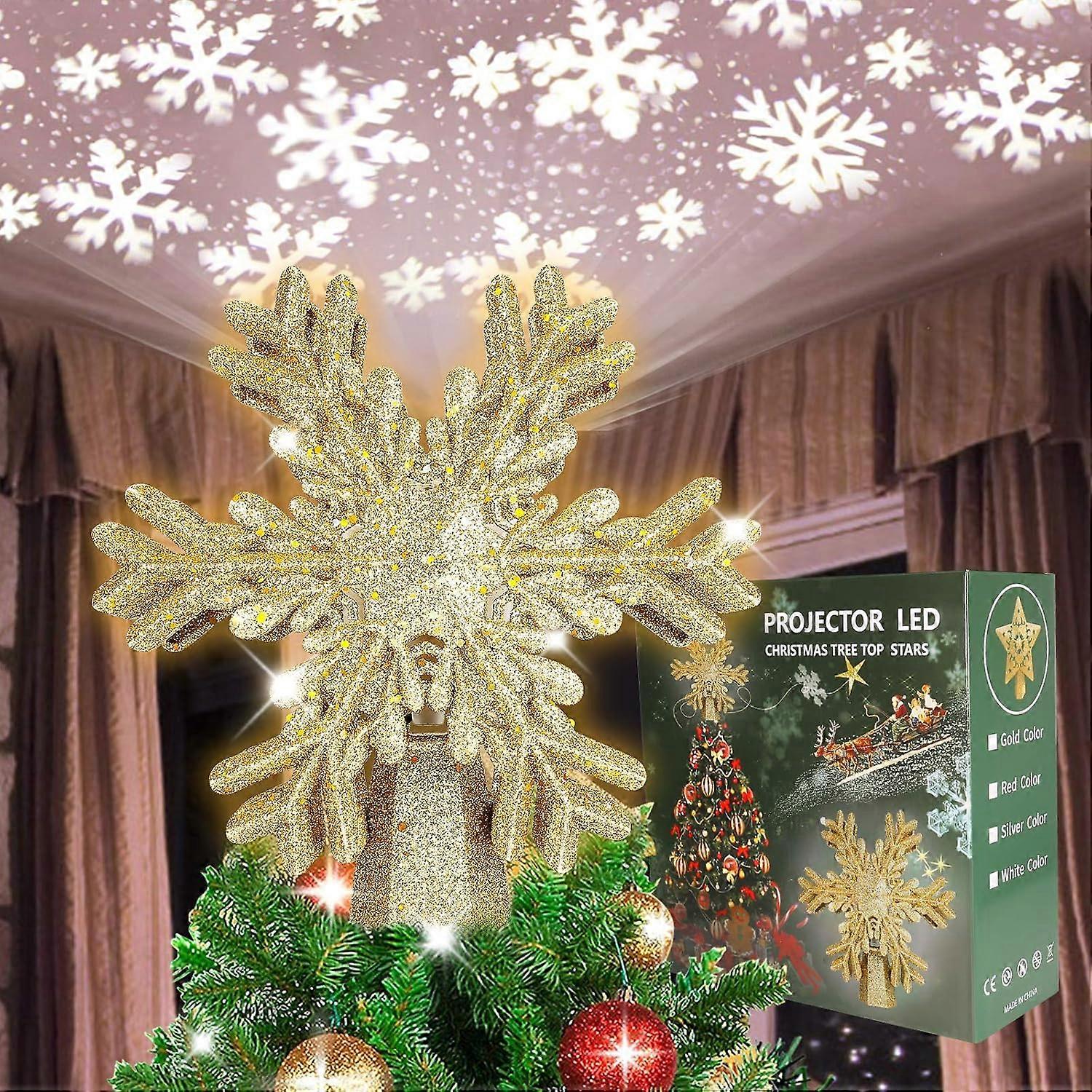 Christmas Tree Toppers With 6 Projection Modes, 3D Hollow Snowflake Design With Adjustable Projection For Indoor Outdoor Decorations, Sprinkled With