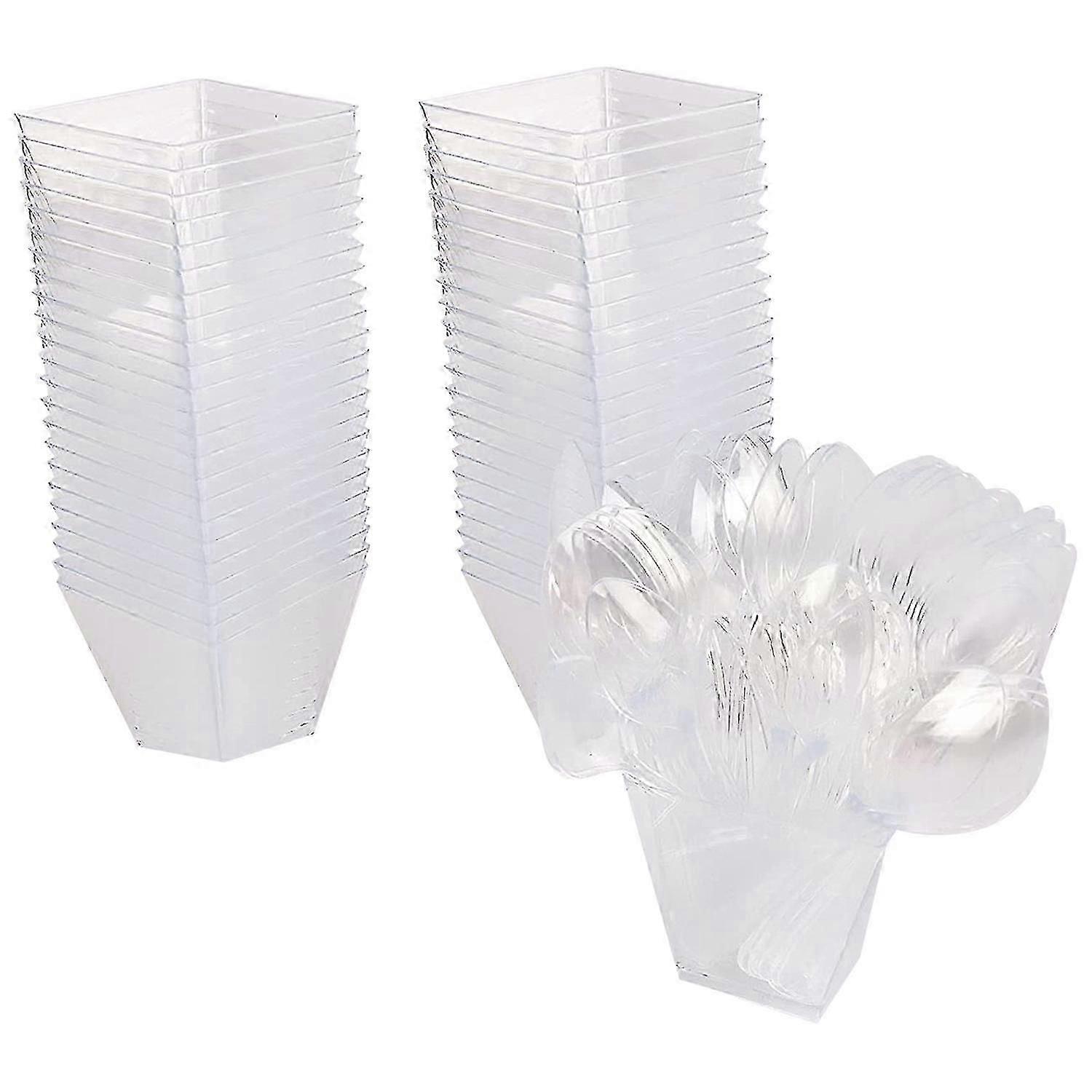 Reusable Plastic Dessert Cups with Spoons (60ml, 50-Pack) - BPA-Free Stackable Bowls for Parties