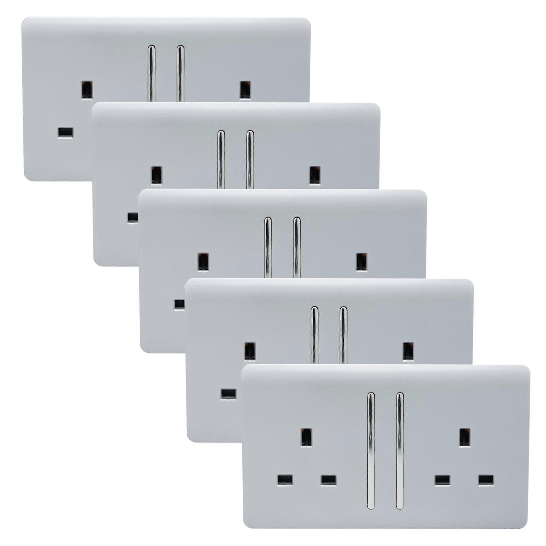 Trendi Switch 13 amp double Artistic Modern Glossy Switched Tactile Power Plug Socket - Silver x5 Pack