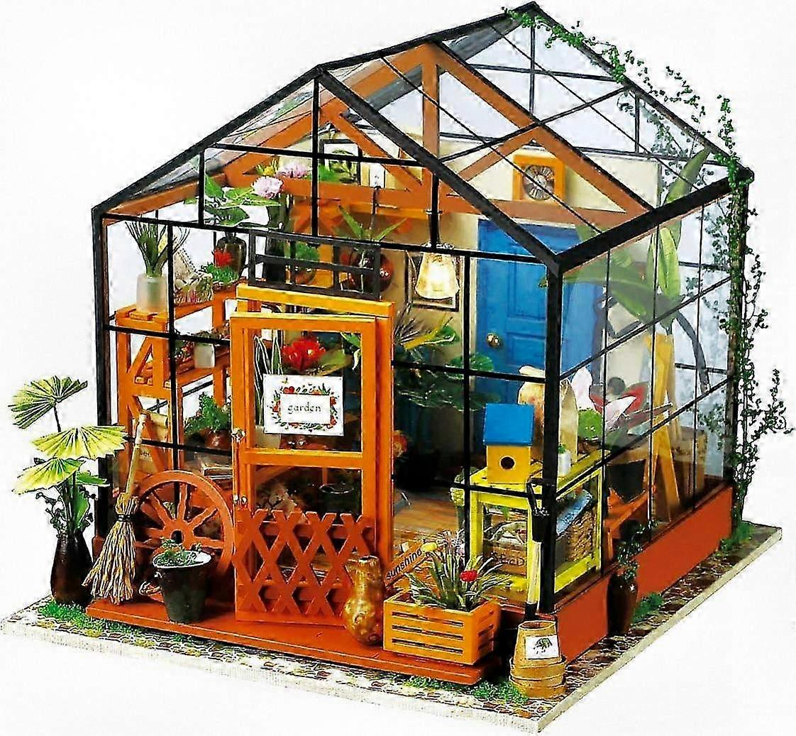 ミニDIY木製ドールハウス家具セットLEDミニ温室 - 子供への完璧なギフト