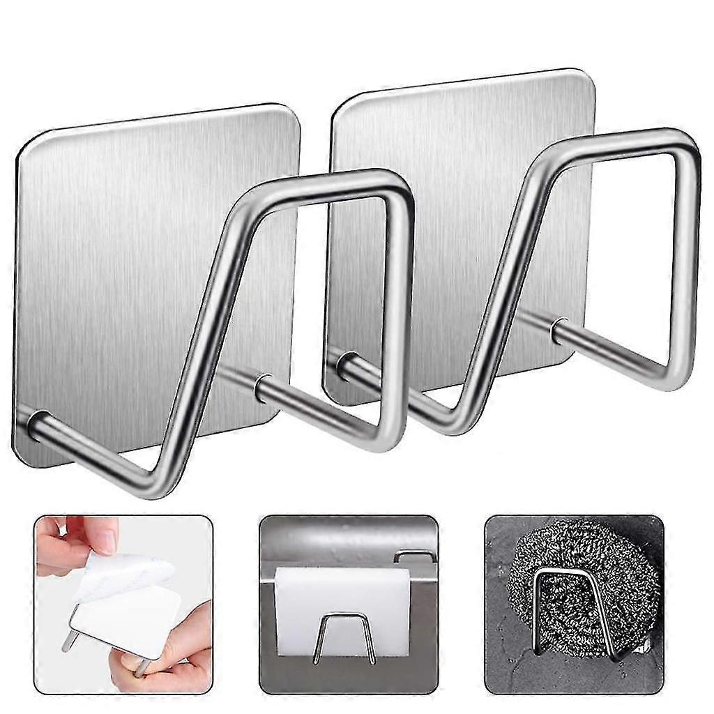 2-Pack Stainless Steel Self-Adhesive Sponge Holder for Kitchen Sink - Rust Resistant, Easy Install, Multi-Use Hooks