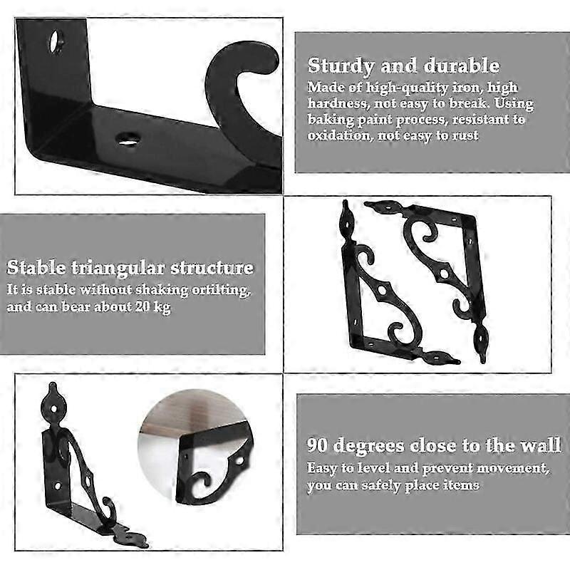 Shaped Iron Wall Shelf Bracket Triangular Shelf Bracket 140*110mm Carport Bracket and Fixing 4pcs (Black)