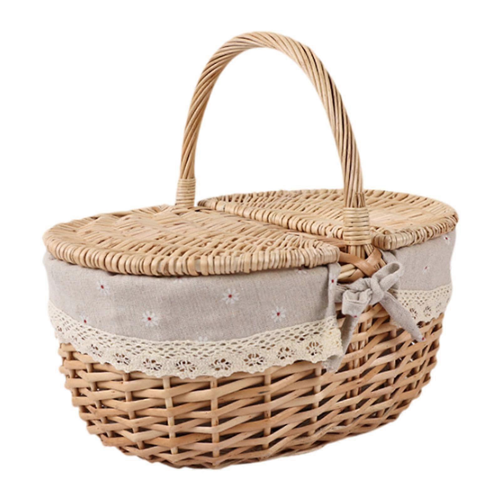Wicker Picnic Basket Wicker,Woven Basket with Lid and Handle,,Storage Wicker Basket Storage Hamper for Park Parties, Beige Gray, Medium