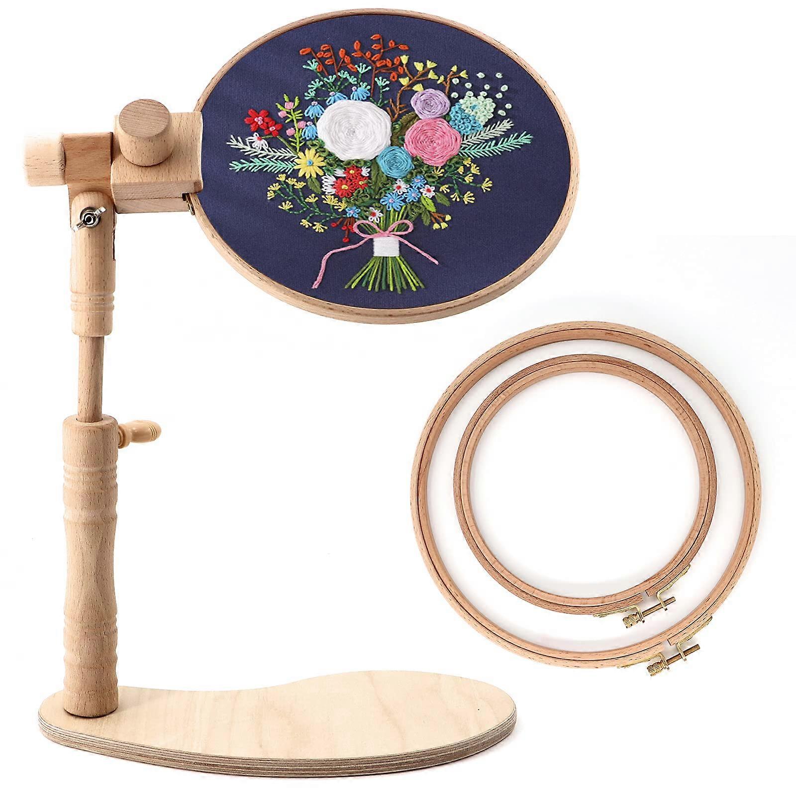 Beech Wood Adjustable Rotated Embroidery Hoop Stand with 2 Hoops