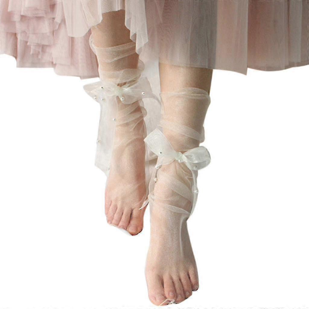 Ultra-Thin Sheer Slouchy Ankle Socks with Ribbon Bow and Pearl Mesh Tulle Stockings