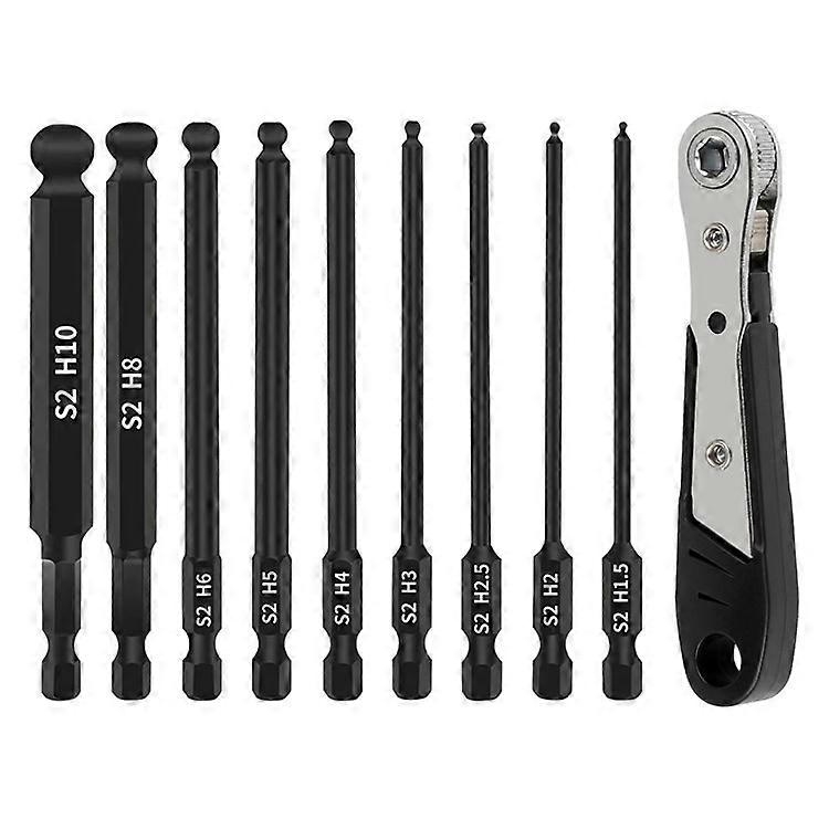 10Pcs / Set H1.5 / 2 / 2.5 / 3 / 4 / 5 / 6 / 8 / 10 Ball Head Hex Shank Magnetic Screwdriver Bits with Mini Ratchet Wrench