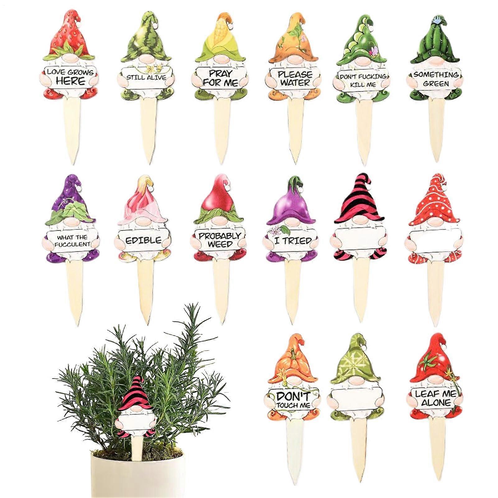 Garden Gnome Plant Labels with Stick, Reusable Funny Vegetable Signs, Set of 15