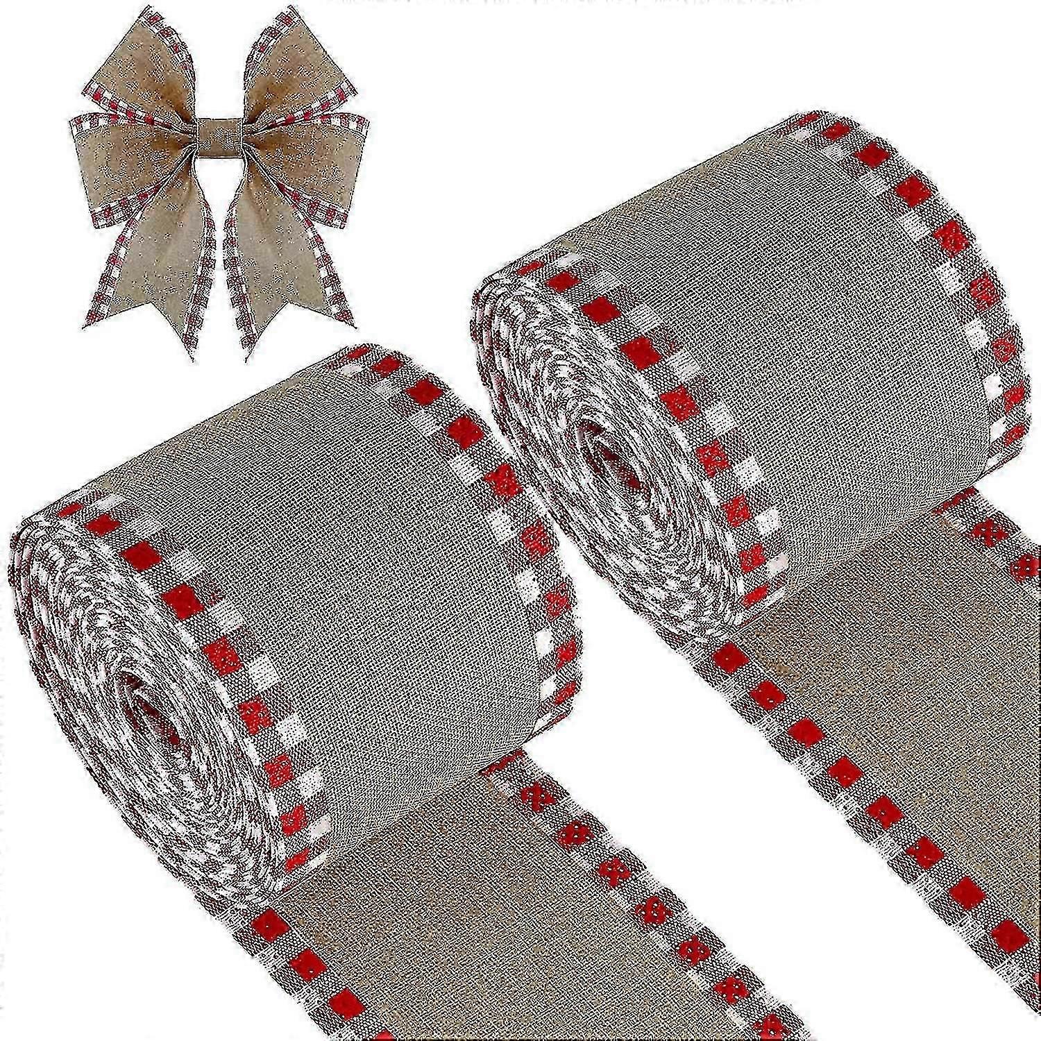 2 Wired Edge Ribbons Christmas Imitate Burlap Fabric Craft Wrapping Ribbon With Checkered Edge