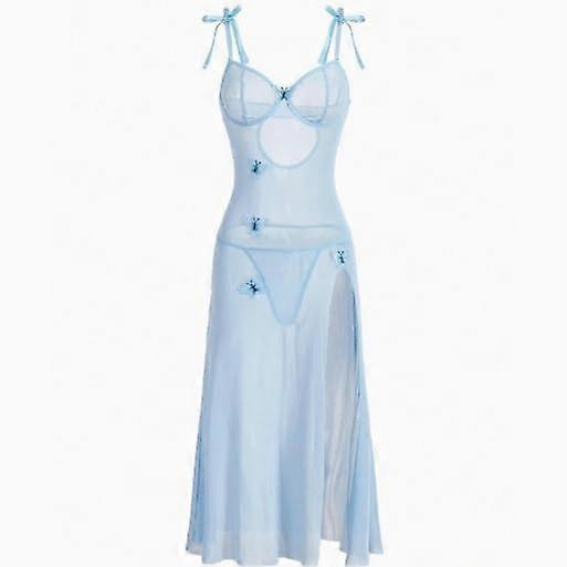 Sexy SeeThrough Lace Mesh Dress Εξώπλατο, Λαιμόκοψη, Σπαγγέτι Τιράντες Νυχτικά Μίνι φόρεμα για γυναίκες Μπλε, XL