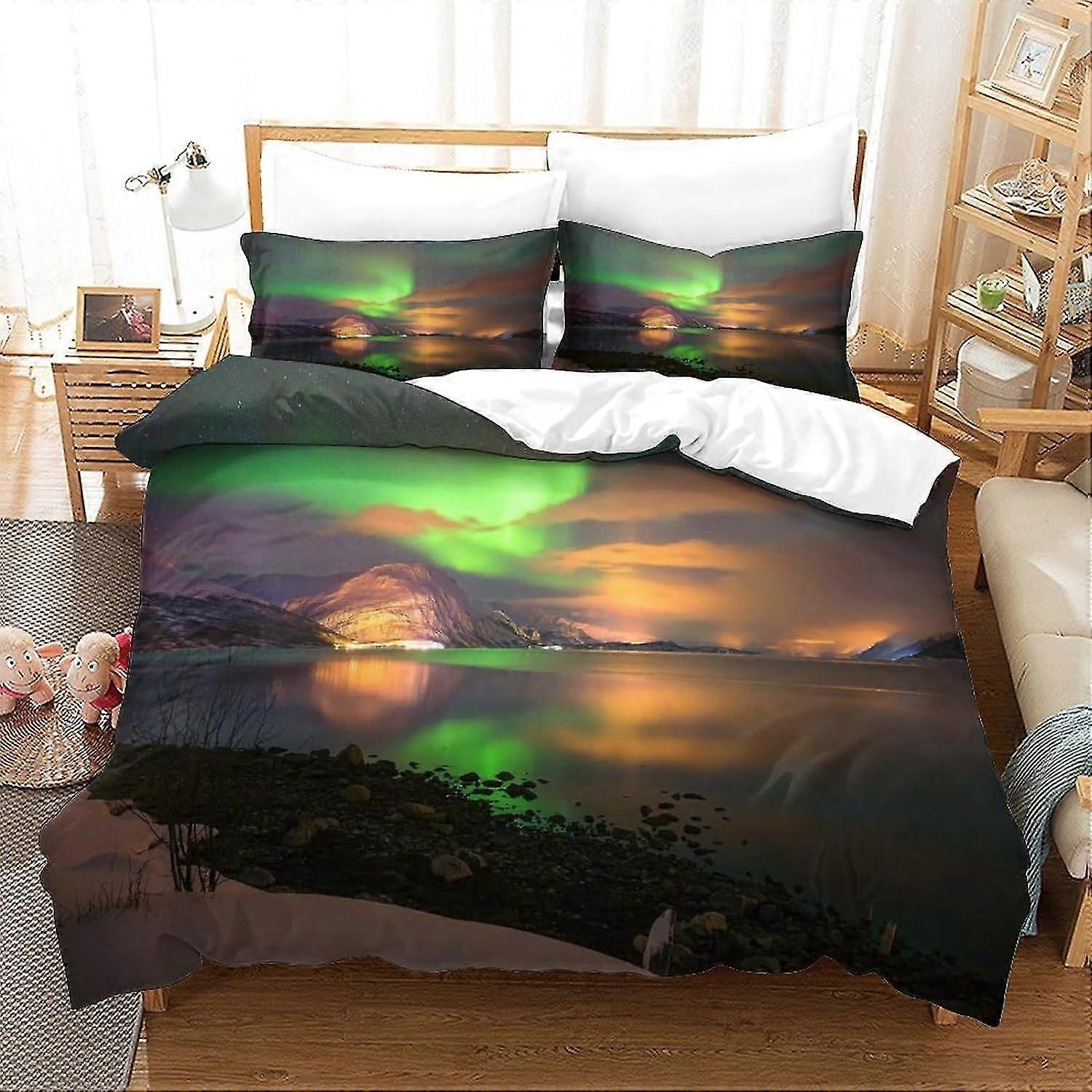 3 Pieces Northern Lights Bedding Set with Pillowcases Aurora Borealis Duvet Cover Soft Microfiber Double Size King