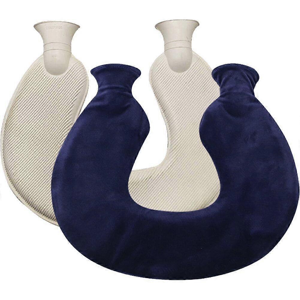 Hot Water Bottle 1 Litre U Shape Removable Cover Washable Fleece Warm Skin Safe Portable for Hands and Feet Blue