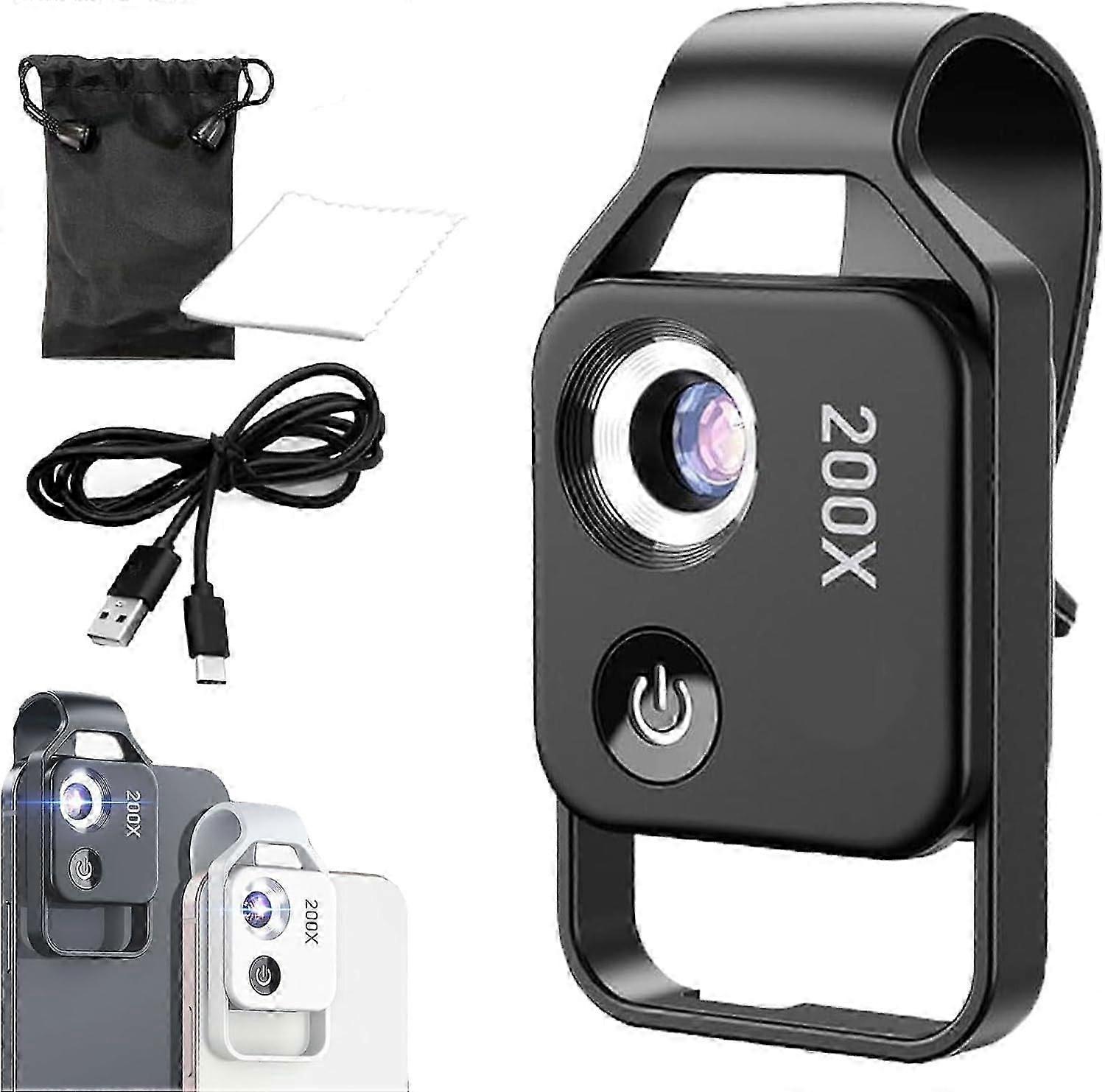 Phone Microscope with CPL Lens/LED Light, 200x mini Pocket Microscope with Universal Phone Clip for 99% Smartphone, to Enjoy Microworld