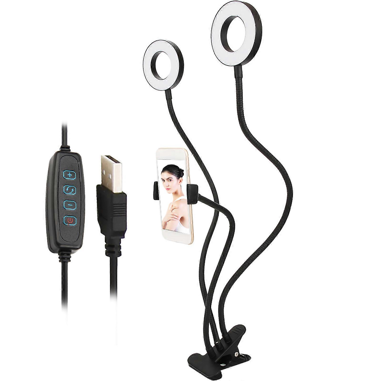 USB Dual LED Ring Fill Light Stand Bracket with Mobile Phone Clip for Live Streaming