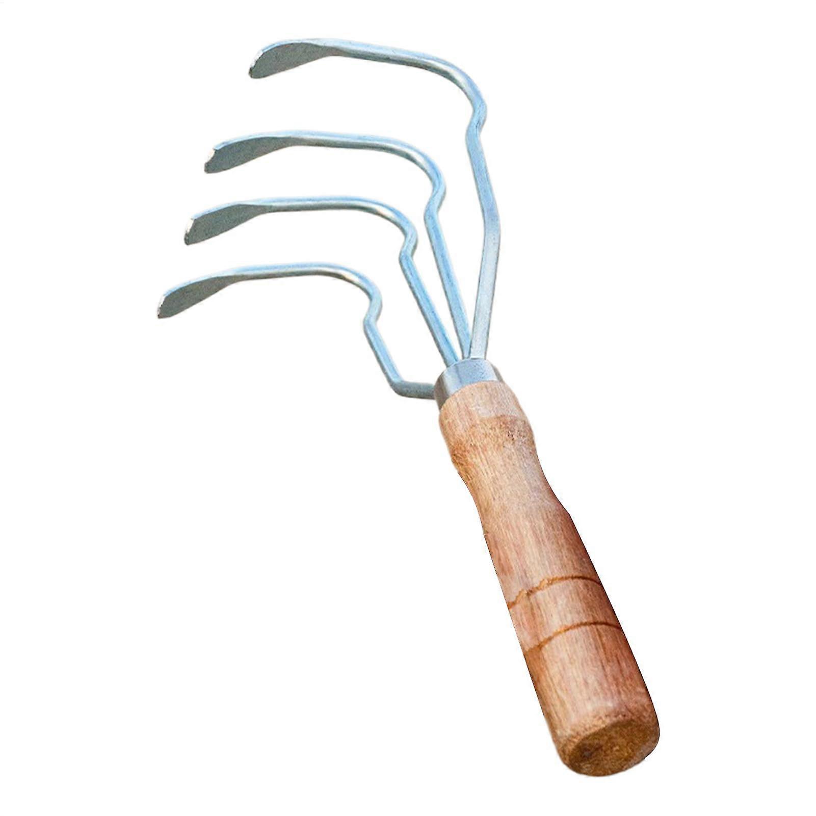 Garden Hand Rake - 4-Prong Multi-Functional Tool with Wooden Handle for Gardening, Pond, Beach Shell Digging, Lawn Work