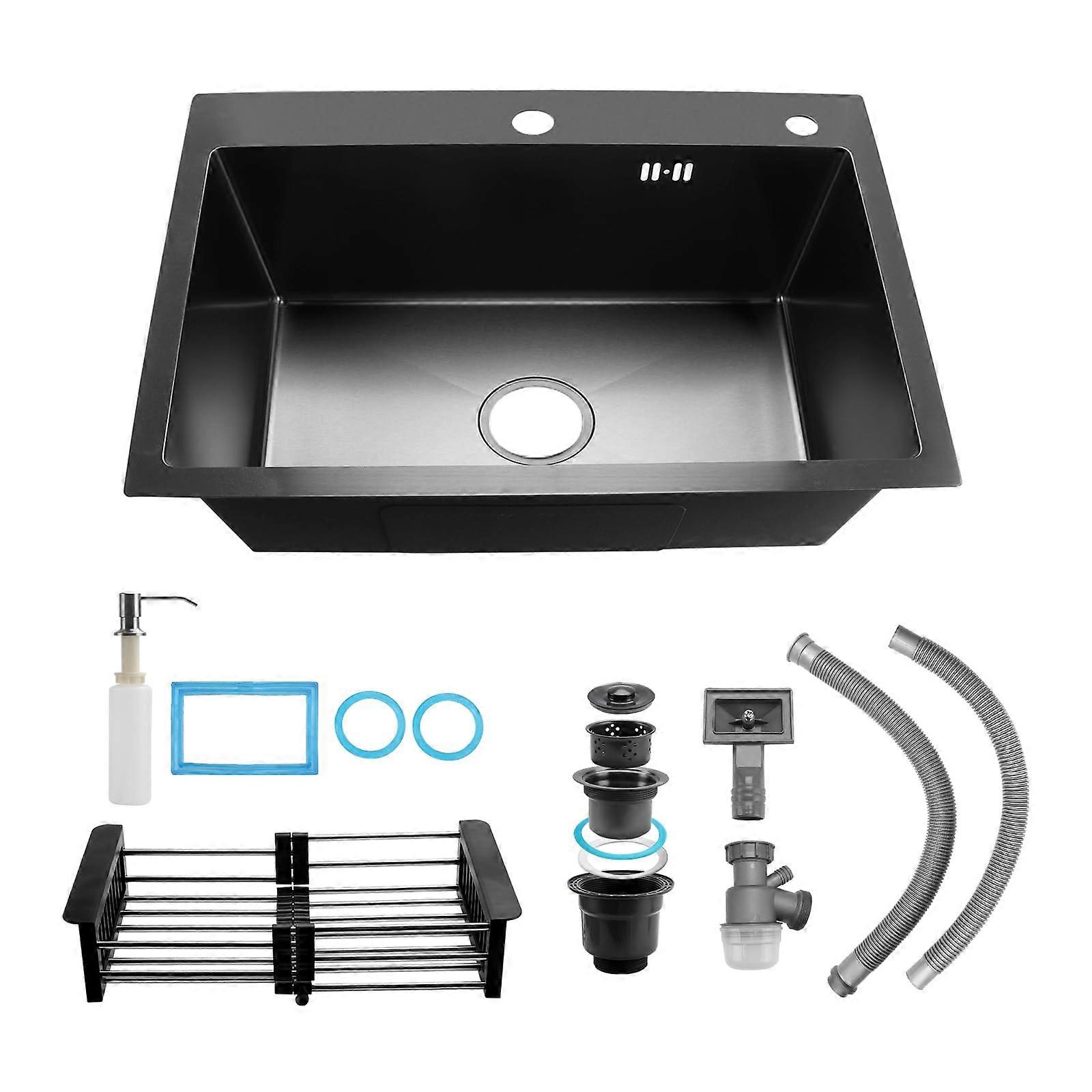 Black Stainless Steel Kitchen Sink 60 x 45 cm, Built-In Design with 2 Mounting Holes, Draining Basket, Soap Dispenser, Siphon