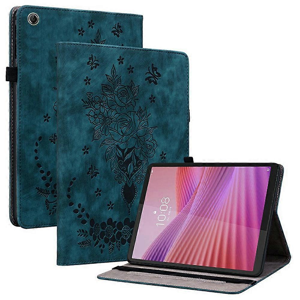 TKdaddy ل Lenovo Tab K9 حامل بطاقة حالة غطاء جلدي مضاد للخدش بصمة زهرة الورد الأزرق